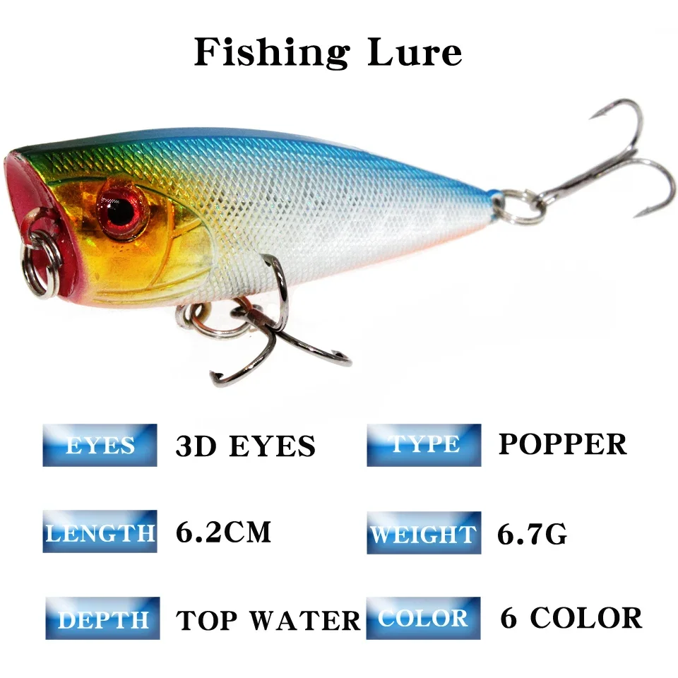 LEOSPORT-señuelo de pesca de piezas, cebo duro Topwater Popper Crankbait, 6cm/6,9g, señuelos flotantes, anzuelos triples - imagen 2