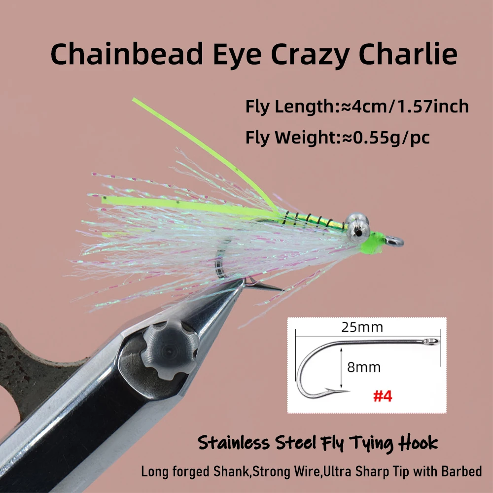 4PCS Chartreuse & Rose Crazy Charlie Fly Chainbead Eye # Señuelo de pesca con mosca de agua salada con 4 anzuelos de acero inoxidable para Tarpon Bonefish - imagen 3