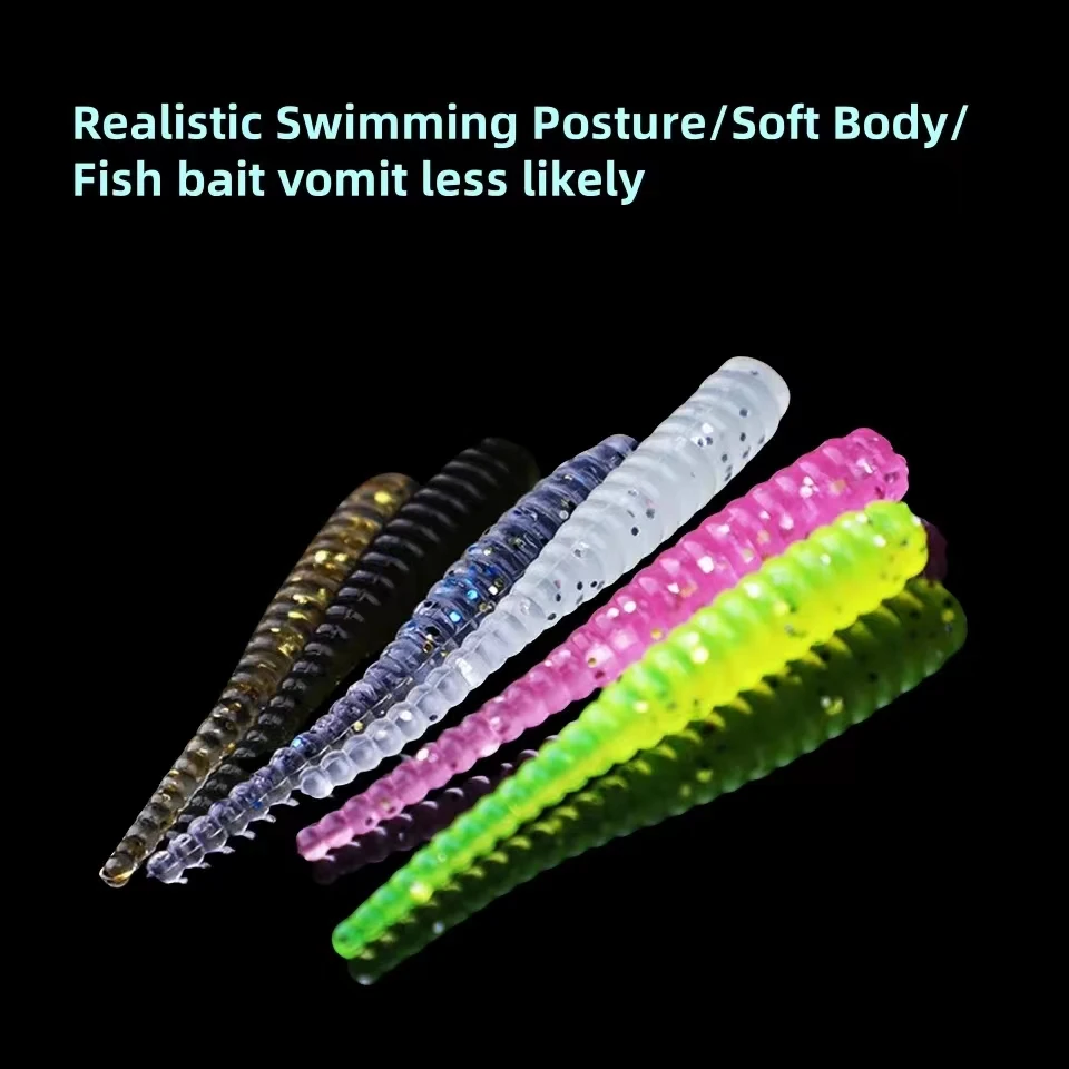 Rooblinos 20 piezas gusano de cola de una sola aguja Micro 35mm señuelo de pesca Ajing pequeño pez roca silicona Isca cebo Artificial plantilla luminosa - imagen 3