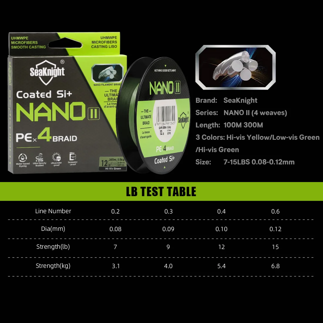 SEAKNIGHT 2024 nuevo NANO II 100M/300M caliente 4 hebras trenzado hilo de pescar multifilamento PE 7LB-15LB diámetro 0,08mm-0,12mm 3 colores - imagen 5