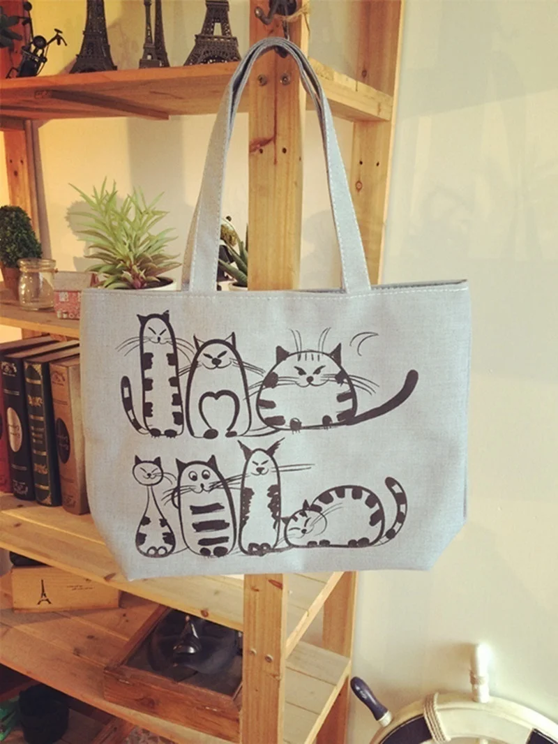 Bolso de playa con cremallera y estampado de gatos de dibujos animados, bolso de lona a la moda para mujer, bolsos de compras - imagen 2