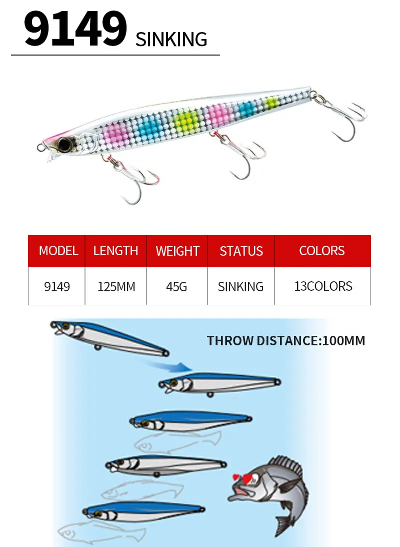 Descubra el vibrante señuelo de pesca 9149 con 13 colores y una distancia de tiros de 100 mm