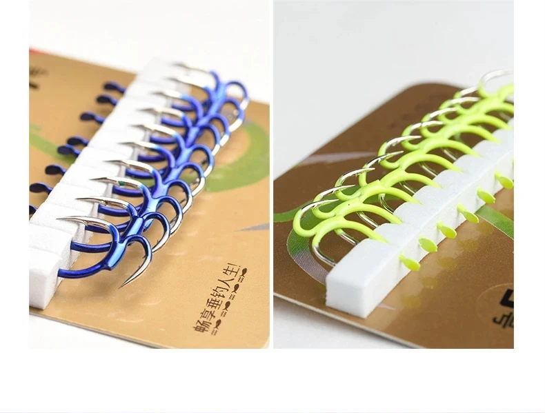 10 unids/lote anzuelo de pesca con punta de dos resistencias de acero al carbono 5 # -12 #    Equipo de pescado amarillo/azul para pesca en el mar, anzuelo doble con púas J539 - imagen 5