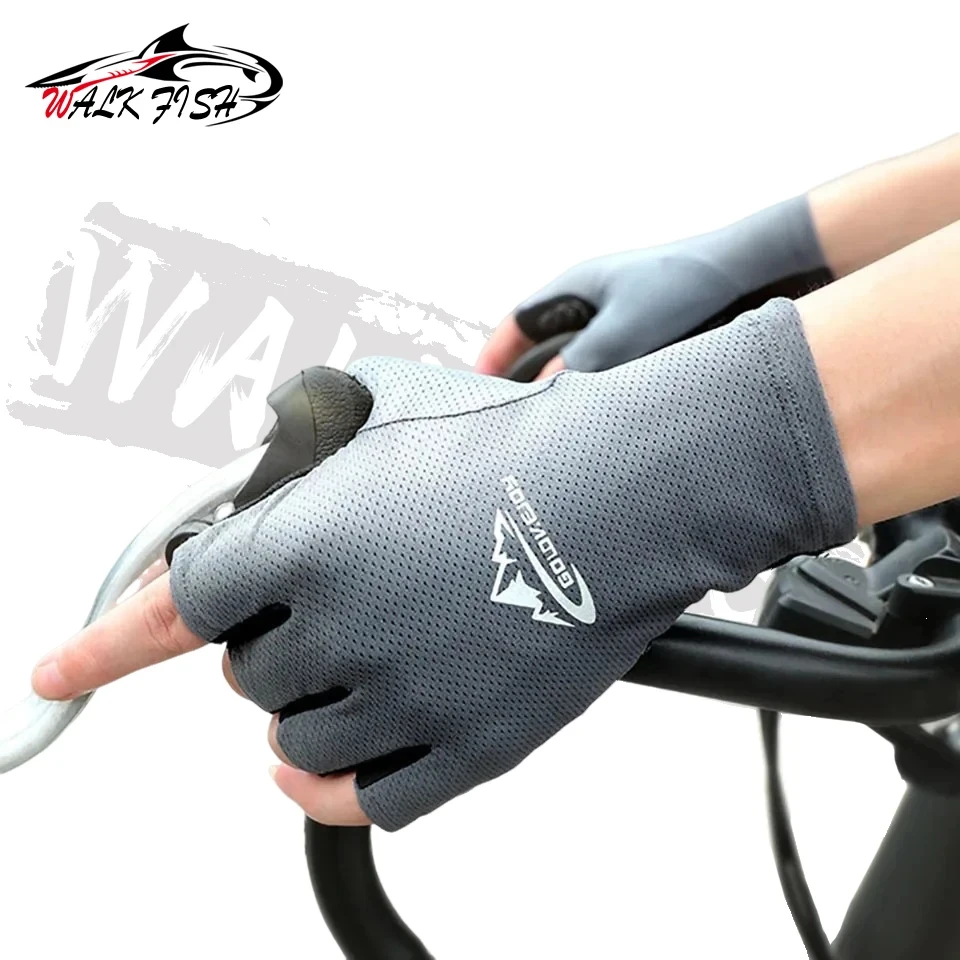 WALK FISH-guantes de pesca de seda helada, protección solar, antideslizantes, transpirables, medio dedo, para correr, pesca, Unisex - imagen 5