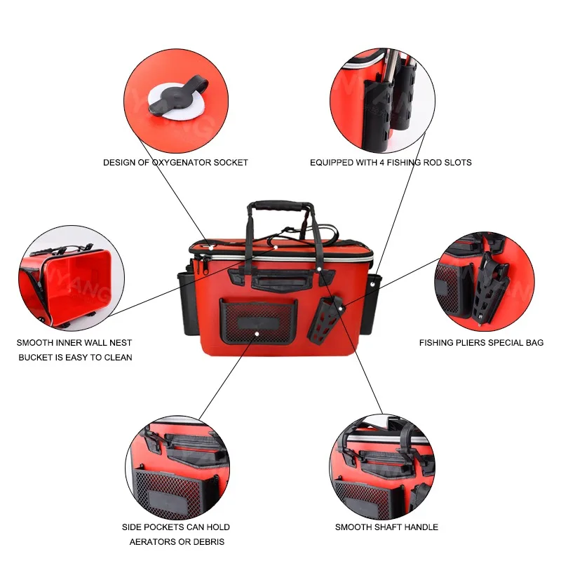 Almacenamiento de aparejos de gran capacidad, múltiples bolsillos con asa, bolsa de malla Eva, cierre de cremallera, correa de hombro portátil, caja de pesca viva - imagen 2