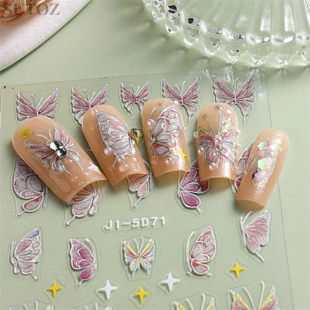 Pegatinas de mariposa 5D para uñas, adhesivos en relieve tridimensional deslizadores, calcomanía de Arte de uñas con purpurina, decoración de manicura - imagen 5