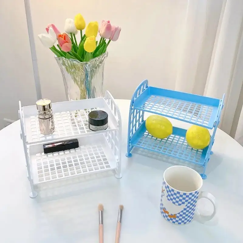 Estante de almacenamiento de maquillaje plegable de escritorio Ins, estante de almacenamiento de cosméticos, acabado, dormitorio, baño, Kawaii, doble capa - imagen 4