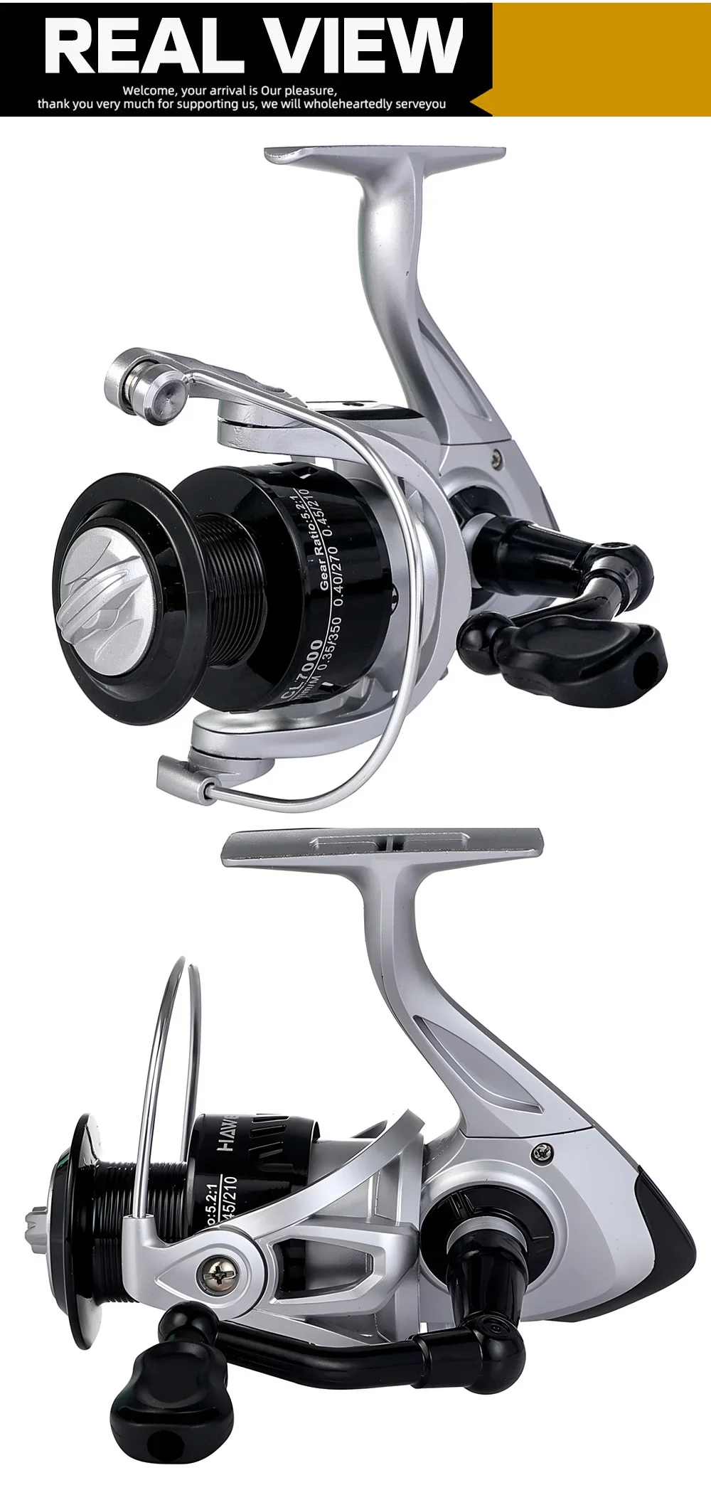 Un carrete de pesca con un mango negro y un carrete plateado