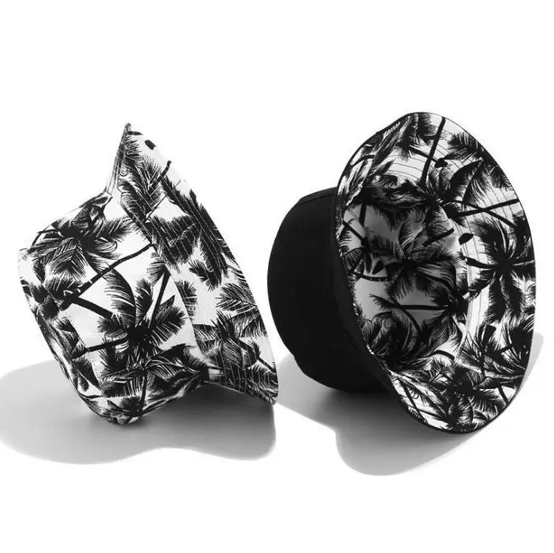 Gorras de pescador con estampado de árbol de coco negro de doble cara Reversible Unisex, sombreros de cubo para hombres y mujeres, visera de viaje al aire libre, sombrero para senderismo - imagen 2