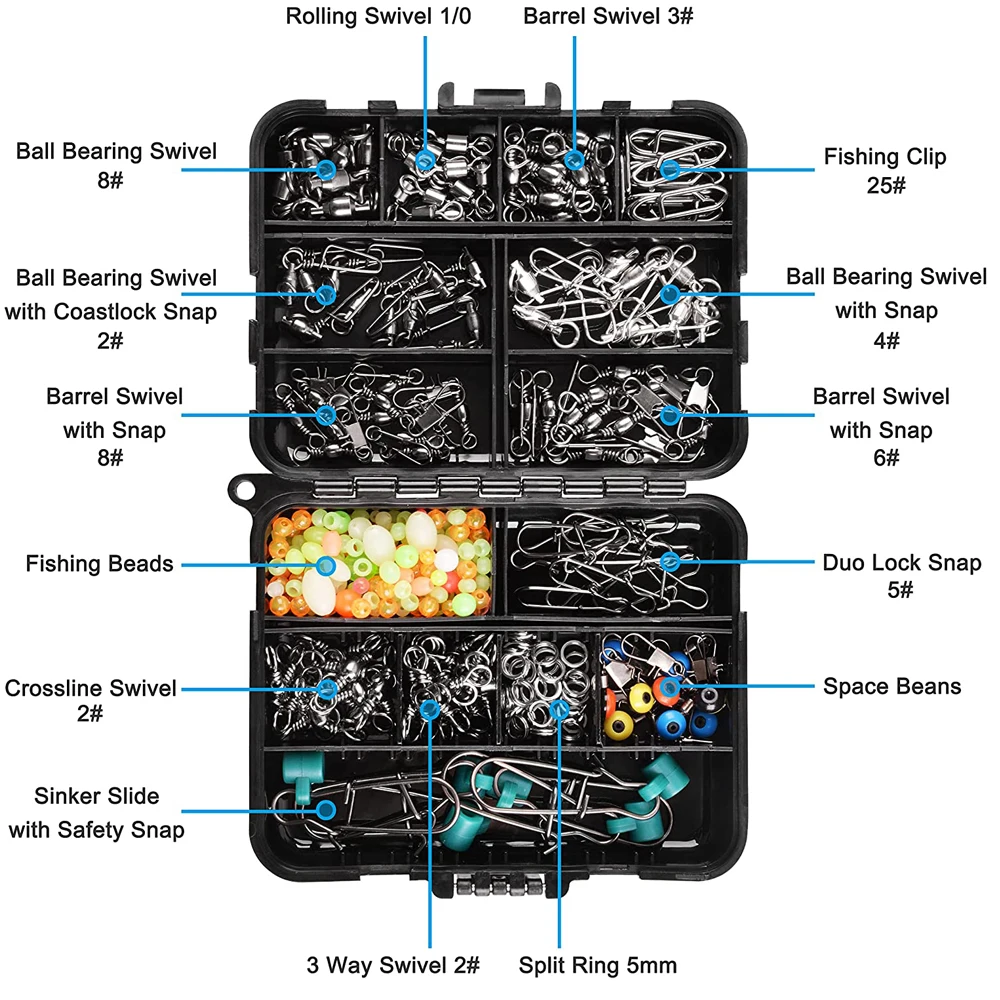 Kit de accesorios de pesca, caja de aparejos de pesca con rodamiento de bolas, giratorio a presión, deslizador de plomo giratorio de 3 vías, Clips de cambio rápido, 205 Uds. - imagen 3