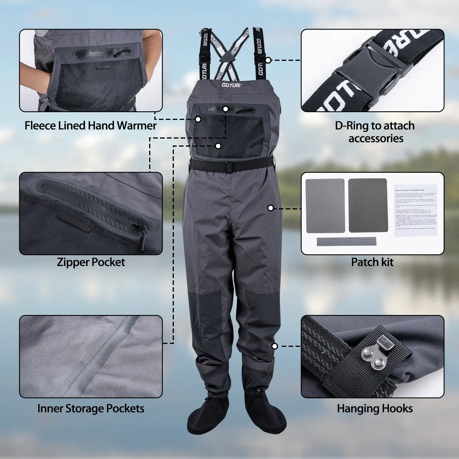 Goture Foot Waders de pesca en el pecho, media transpirable, Wader, ligero, Convertible, pantalones de caza, Kit para hombres y mujeres - imagen 4
