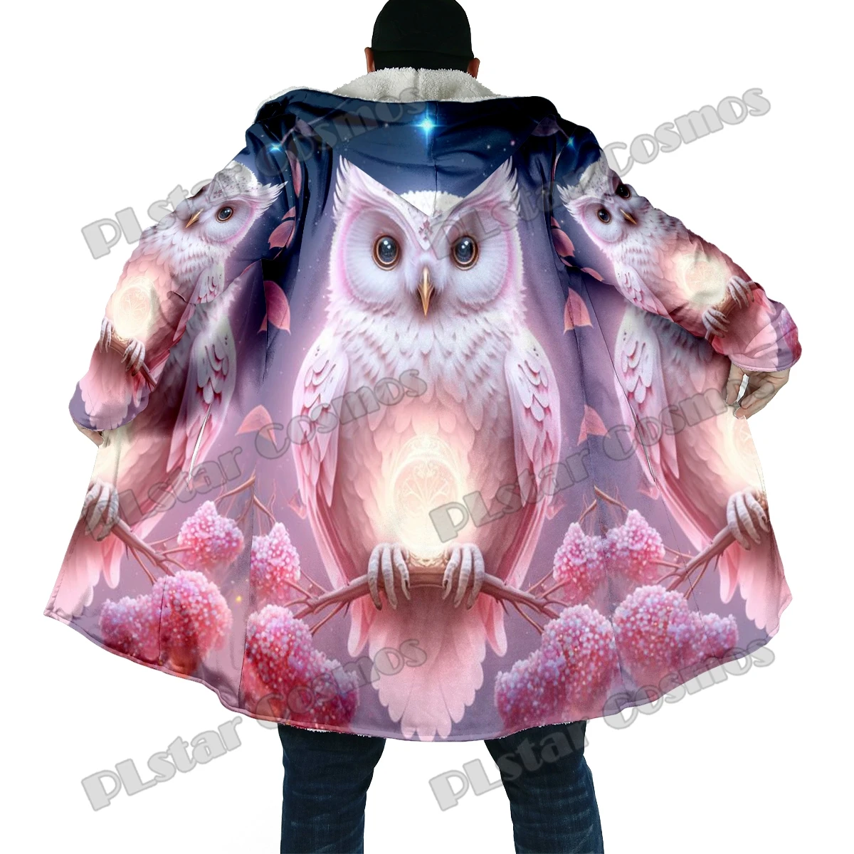 Capa de moda de invierno para hombre, capa con capucha de lana gruesa con estampado 3D de búho Animal, capa cálida informal Unisex BB57