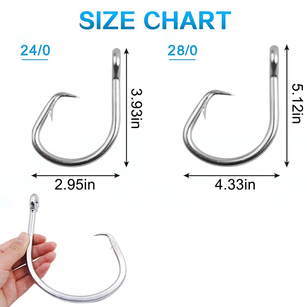 Anzuelos circulares de atún para agua salada, piezas de acero inoxidable, 2X anzuelos de pesca grandes fuertes para bagre, atún para lubina, 8/0-28/0 - imagen 4