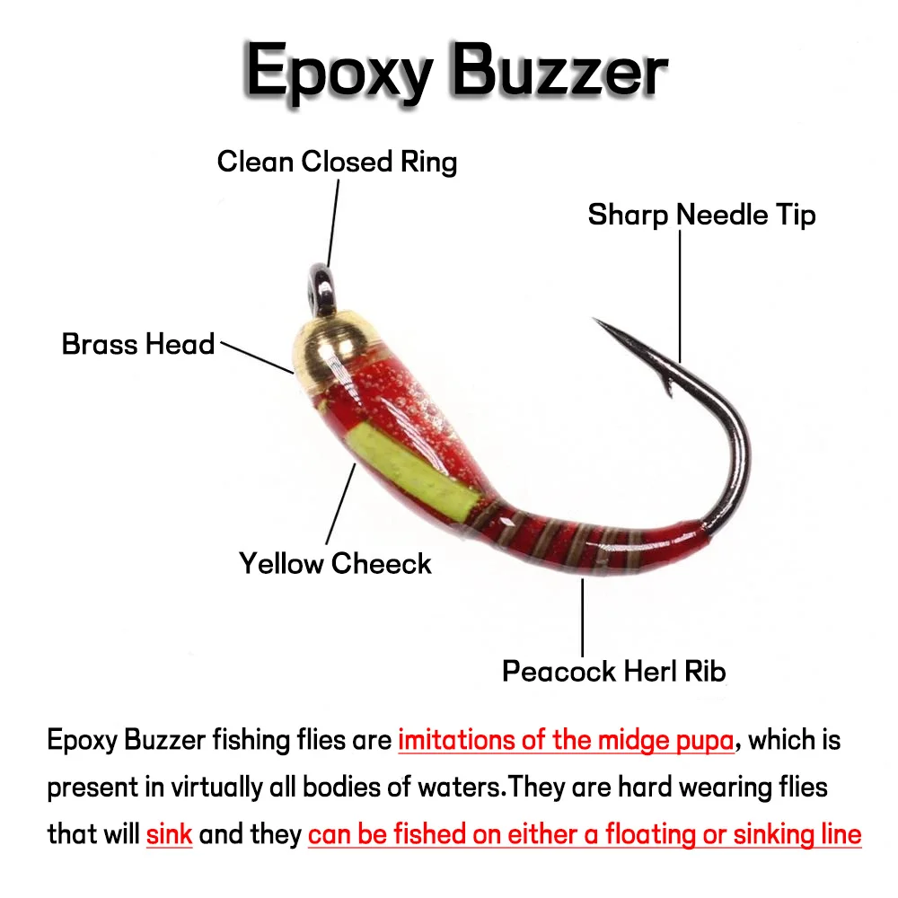 Bimoo-Buzzer de epoxi para pesca en hielo, cabeza de cuentas de latón para pesca con mosca, ninfa, trucha, Carppie, bluelill, 12 unids/caja, 10 #12 #14 # - imagen 2