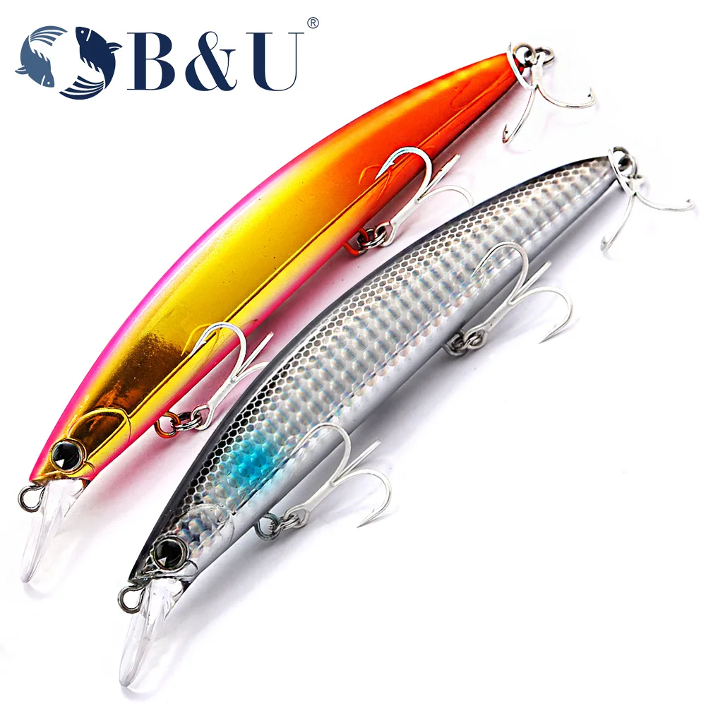 B & U pececillo flotante de agua salada 130mm Señuelos de pesca cebo Artificial láser fundición larga Trolling Wobblers Jerkbait lubina