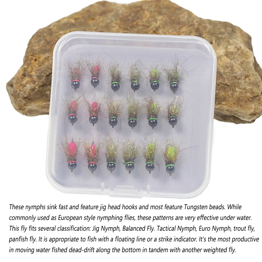 Bimoo 18 piezas/caja # 12 # 14 # 16 hundimiento rápido húmedo Euro Ninfa mosca con púas tungsteno Beadhead Jig Ninfa mosca para trucha Señuelos de pesca cebos - imagen 5