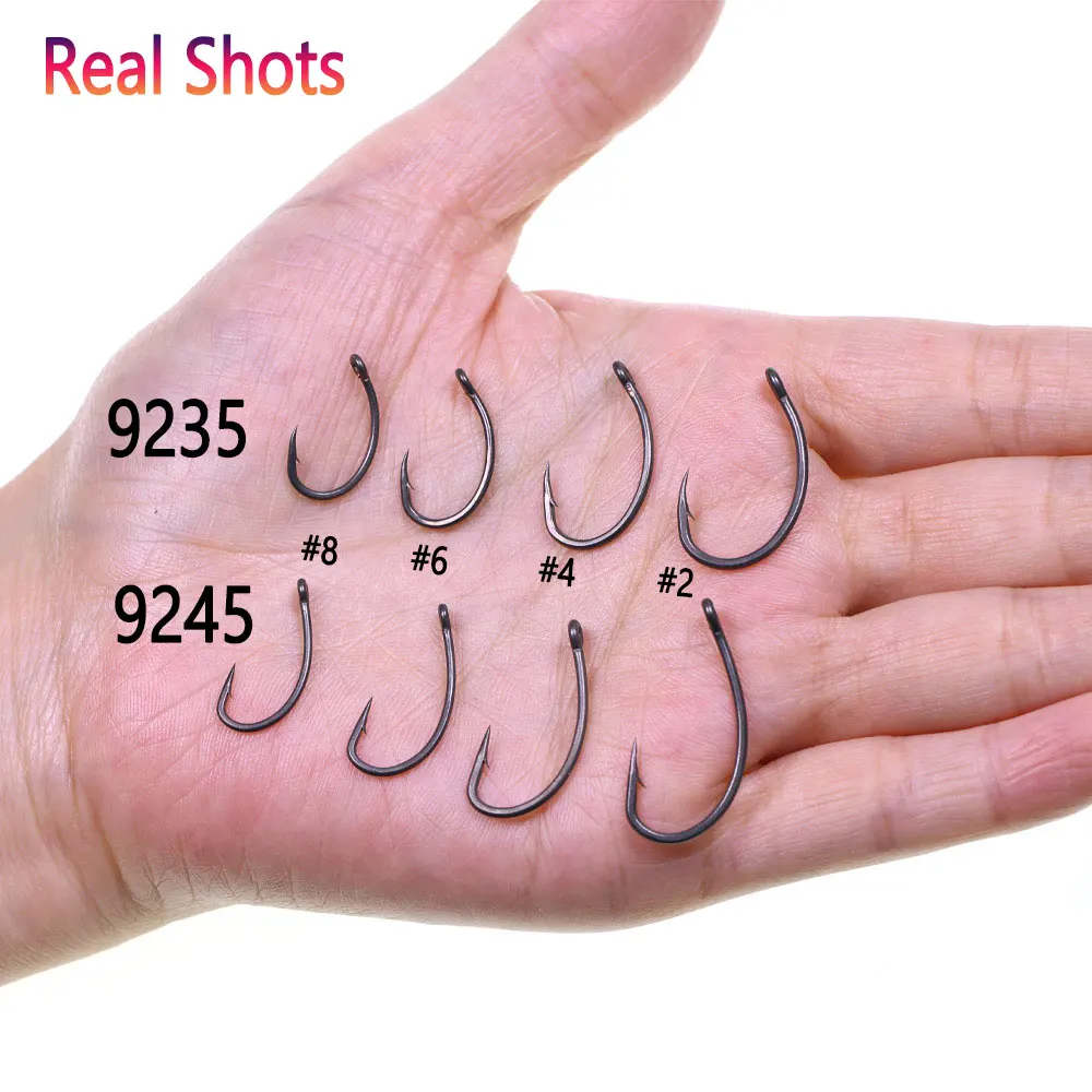 Bimoo 40 piezas # 2- # 8 anzuelos de pesca de carpa curvados con púas, anzuelo de pesca de carpa europea de acero rico en carbono para pelo de carpa/plateforme Chod Zig - imagen 5