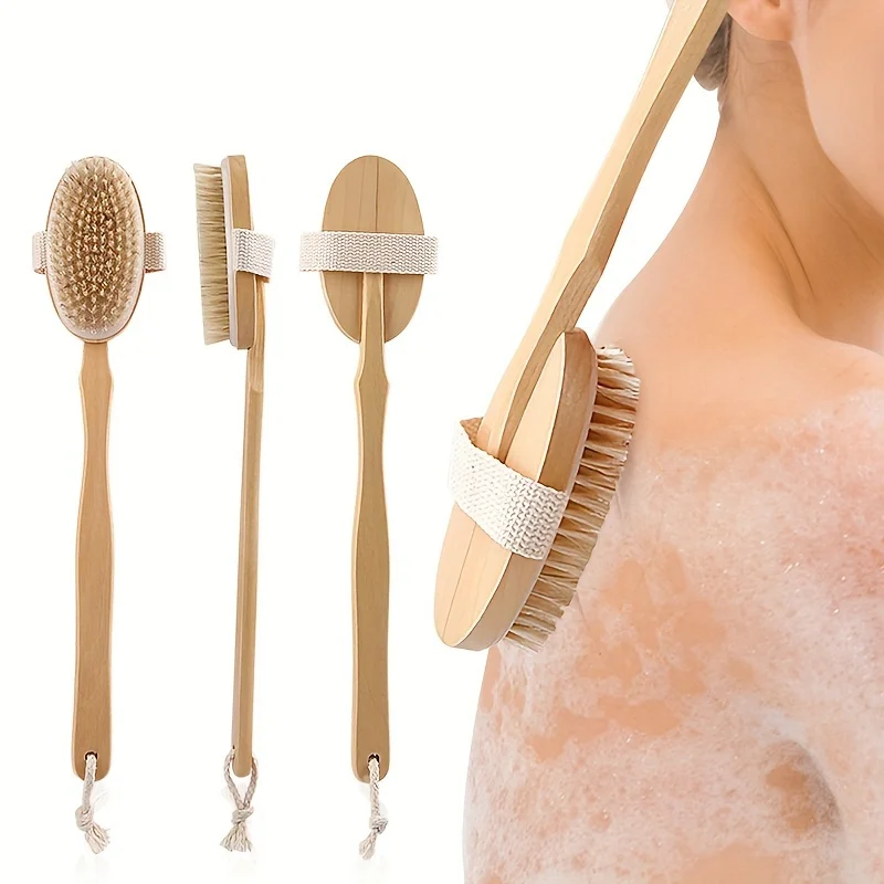 Cepillo de baño madera mango largo cerdas cerdo exfoliar masaje piel - imagen 2