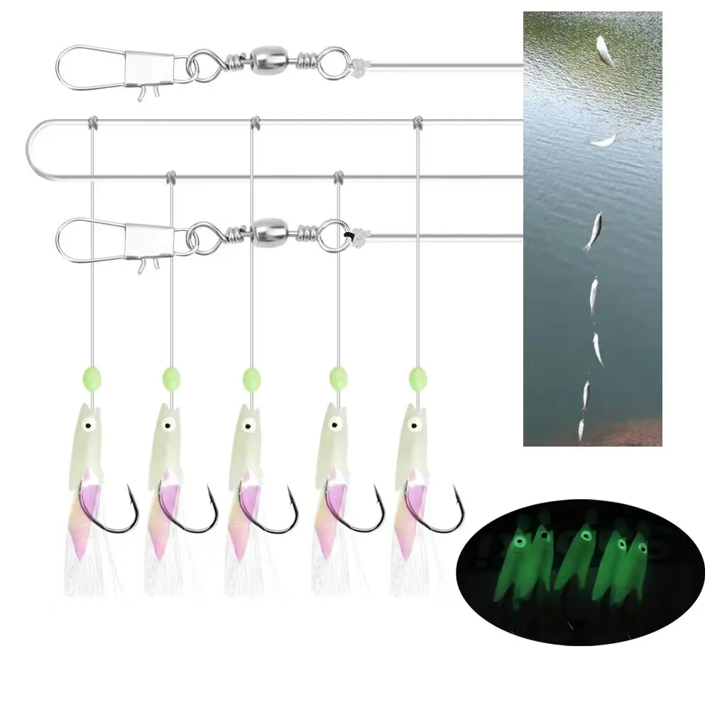 1 Set 5 Haken Sabiki Rigs Zoutwatervissen Lokt Aas Echte Vis Huid String Haak Makreel Glow in The Dark Flash Sabiki Rigs