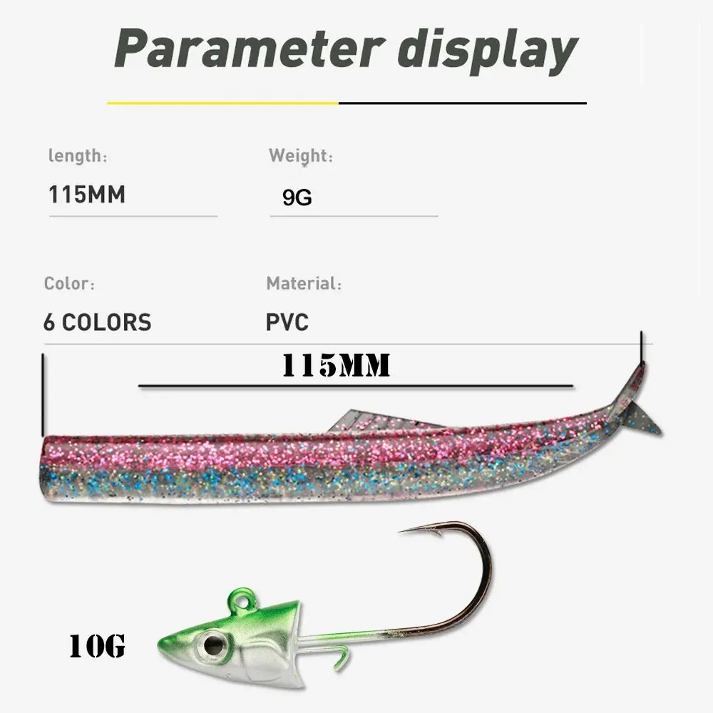 Señuelo de pesca suave de 10g y 3 piezas con anzuelo, cola Artificial de Anguila de arena con cabeza de plantilla, cebo Artificial para pececillos, lubina de agua salada - imagen 2