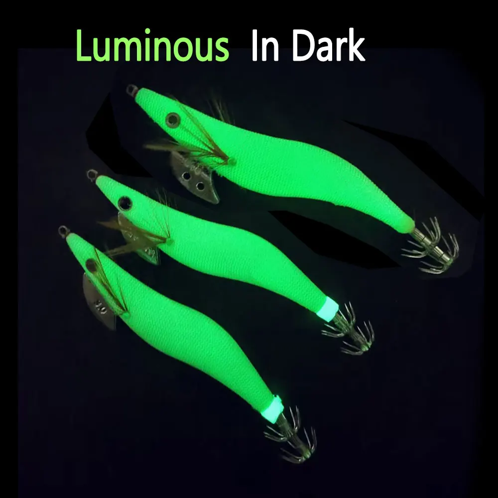 Bimoo 1~2 piezas Tamaño 2.5 # 3.0 # 3,5 plantillas de calamar luminosas, camarones de madera con brillo blanco y anzuelos de calamar y pulpo, señuelo de pesca de sepia - imagen 4