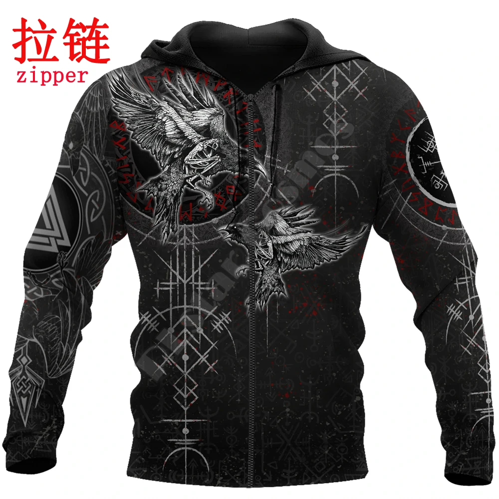 Huginn y Muninn Raven Valknut Tattoo 3D completamente estampado Sudadera con capucha y sudadera para hombre Sudaderas con capucha con cremallera unisex Chándales casuales KJ895 - imagen 3
