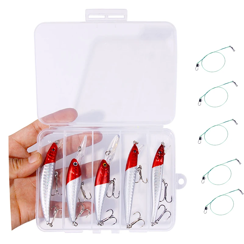 Kit de caja de 5 uds., juego de Señuelos de Pesca mixtos, cebo duro minnow, pesca Artificial, lubina, trucha, Lucio, carpa, Wobbler, aparejos de pesca Jerkbait - imagen 5