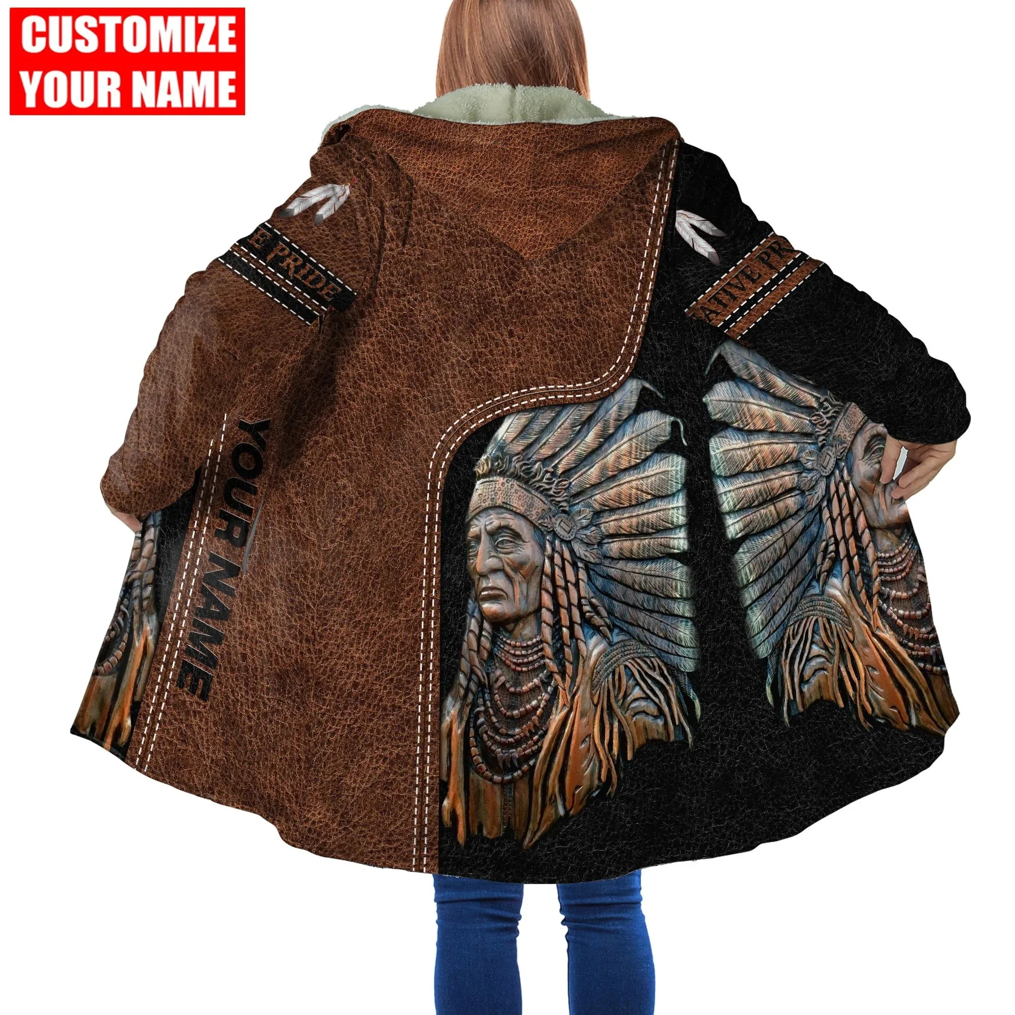 Capa de invierno a la moda para hombre, capa con capucha de lana gruesa con estampado 3D de caballo nativo indígena aborigen, capa cálida informal Unisex DP29 - imagen 5