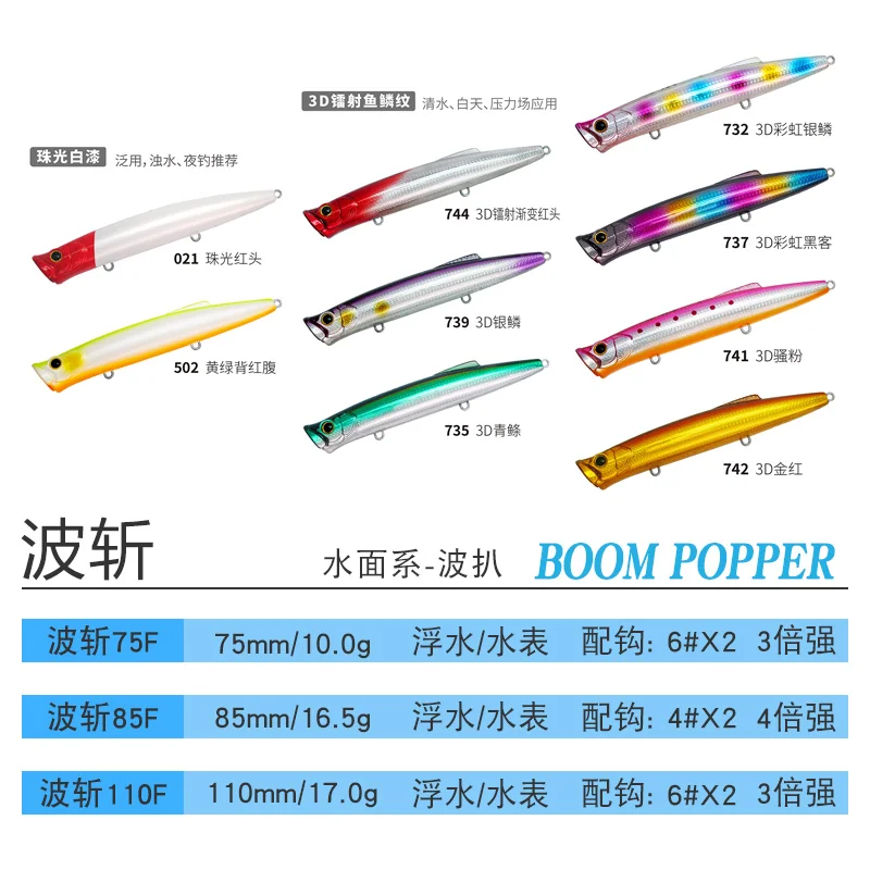 BM Bozhan 75/85/110F Boom Popper para señuelo de pesca flotante de agua superior 10g/16,5g/17g ojos 3D cebo duro de lubina de mar Wobbler Artificial - imagen 3