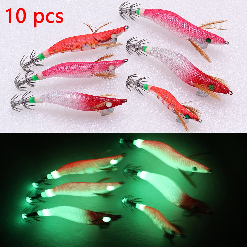 10 Uds. De cebo falso de pesca en mar de camarones de madera de 5cm-13cm, cebo de pesca, cebo de calamar, anzuelo de simulación de pesca en el mar con luz nocturna - imagen 2