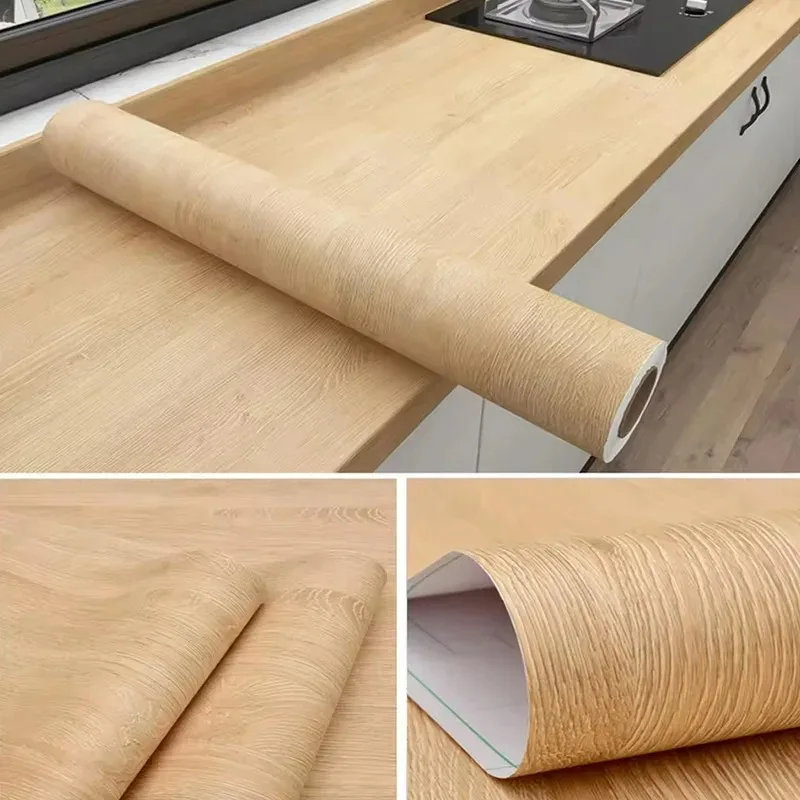 Papel tapiz impermeable de grano de madera de imitación de roble amarillo de 40cm de ancho, pegatina de pared extraíble, decoración autoadhesiva para mesa de gabinete - imagen 2