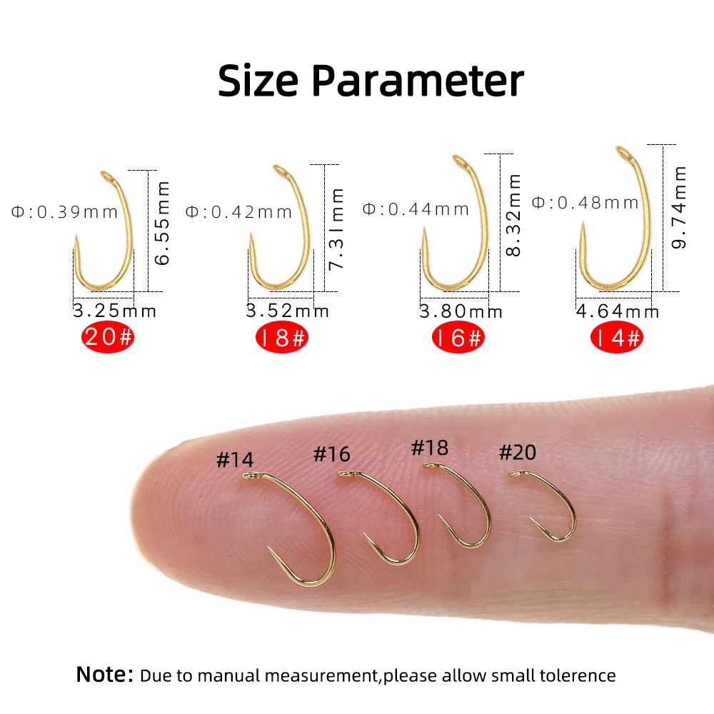 Wifreo 50PCS 20 # ~14 #   Gancho curvo para atar moscas sin púas, ganchos dorados de alambre fino con ojo hacia abajo para larvas Caddis, moscas emergentes - imagen 2