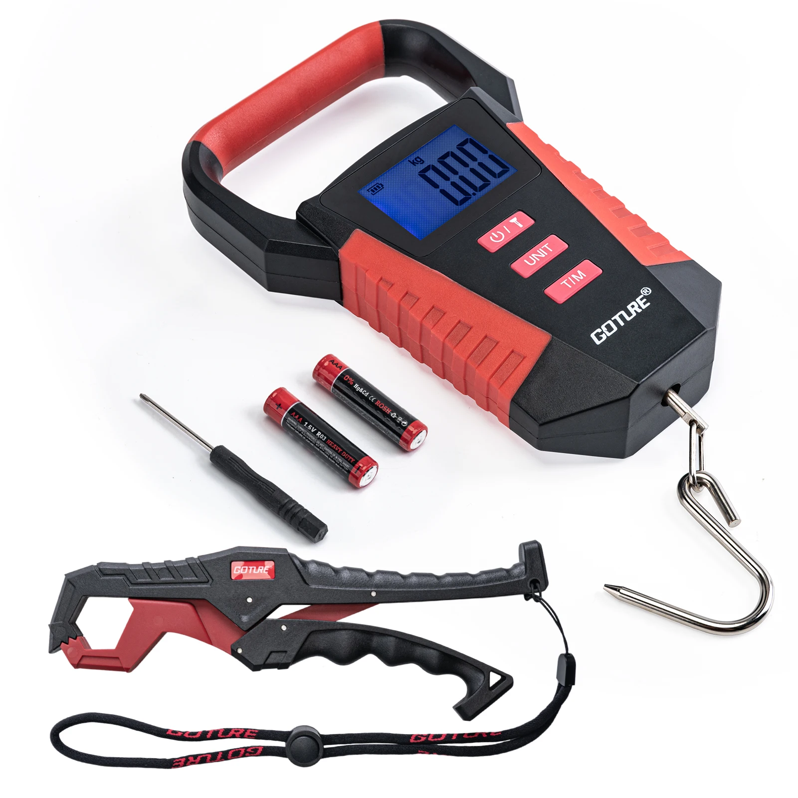 Una escala digital con un gancho para medir peso y una herramienta de gancho y palo para conveniencia