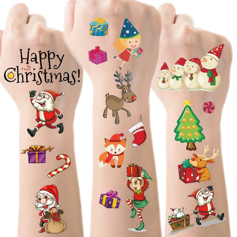 10 hojas de tatuaje infantil para el día de Navidad, tatuaje temporal falso para niños, tatuaje para niña, brazo, manos, cuerpo, tatuajes impermeables para niños - imagen 2