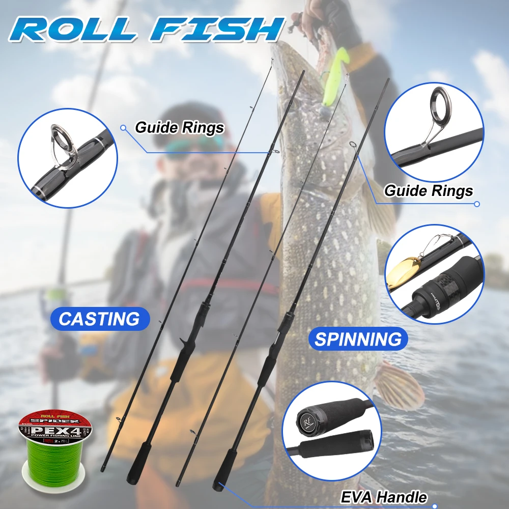 ROLLFISH-caña de pescar SpinningCasting de fibra de carbono, potencia media, acción rápida, pesca ligera de agua dulce y salada, línea de PE de 100m - imagen 2