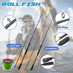 ROLLFISH-caña de pescar SpinningCasting de fibra de carbono, potencia media, acción rápida, pesca ligera de agua dulce y salada, línea de PE de 100m