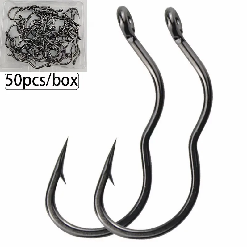 50 Uds. Anzuelo de pesca con tapa automática, anzuelo de púas de pescado de acero rico en carbono para pesca de carpa lubina, aparejos de agua dulce, caja de accesorios