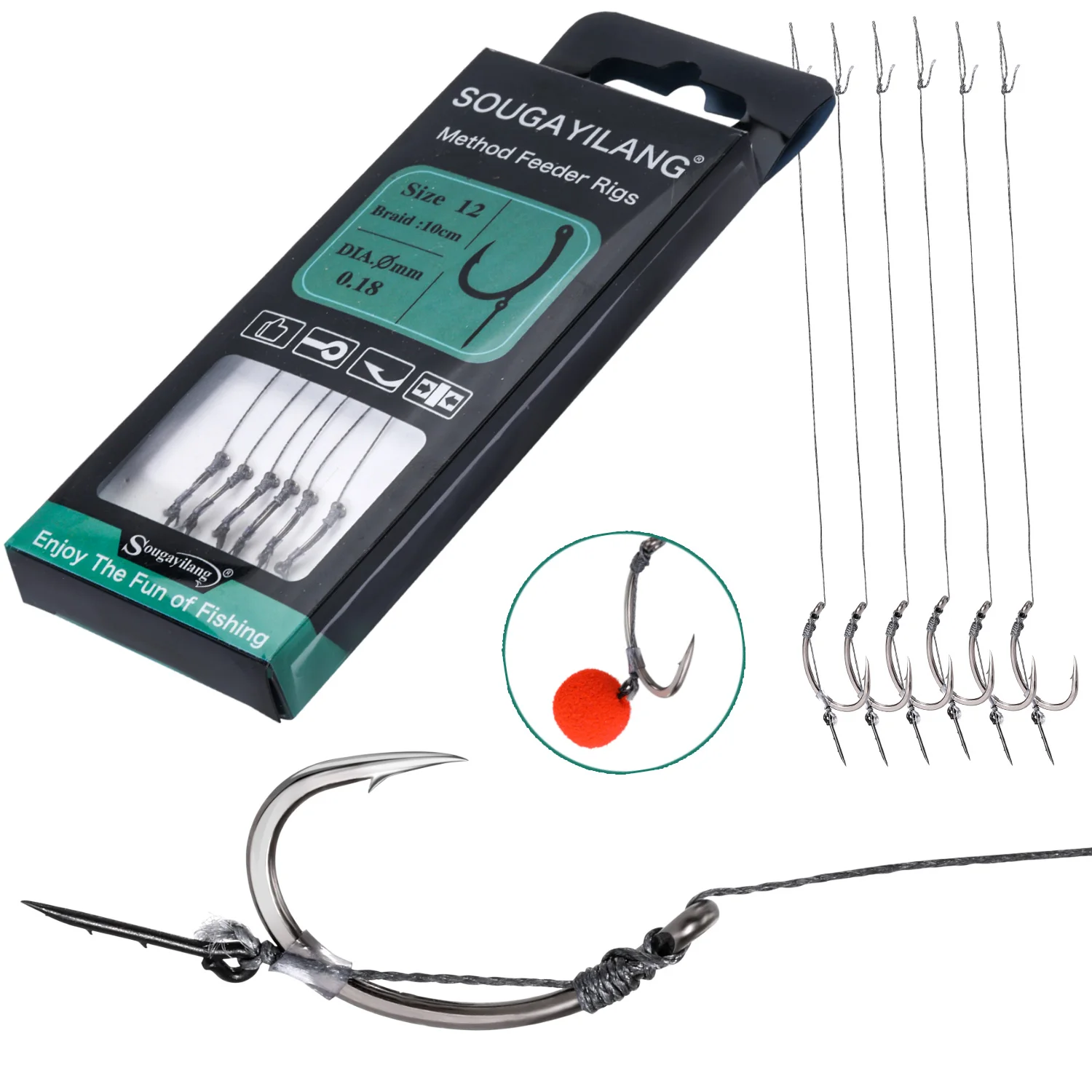 Herramientas de pesca Sougayilang, anzuelo de manivela, 6 uds., aparejos alimentadores de método con línea trenzada preatada de pellets para Boilies, tamaño de gancho para 6 a 12