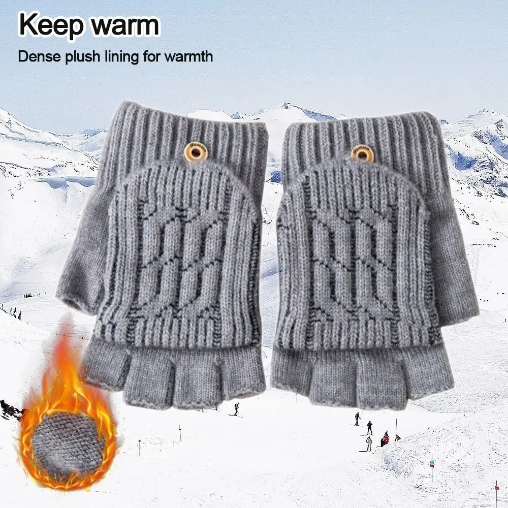 Mitones de punto de medio dedo para hombre, mitones peludos y cálidos, pantalla táctil, deportes al aire libre, felpa gruesa, Otoño e Invierno - imagen 3