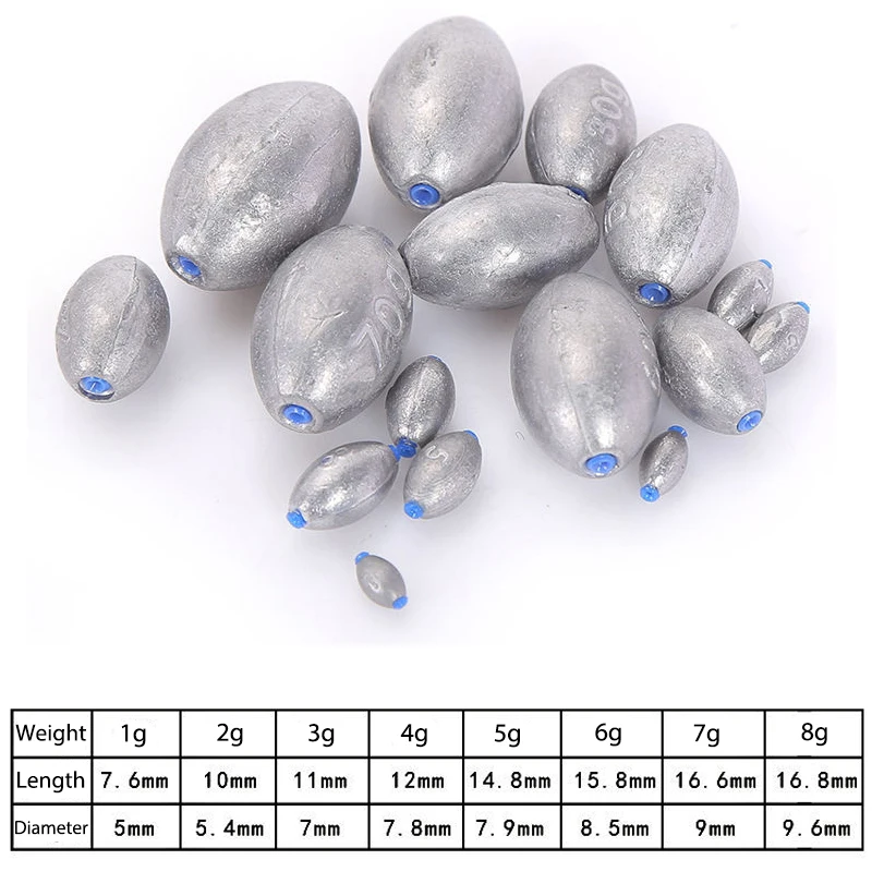 Plomos de plomo en forma de oliva, pesas huecas con accesorios de pesca, herramientas, 1g, 2g, 3g, 4g, 5g, 6g, 8g, 10g, 15g, 10 unidades por lote - imagen 2