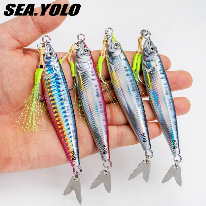 SeaYolo, 1 unidad, plantilla de Metal con placa de hierro, cebo luminoso de 20g, 30g, 40g, 60g, 80g, cebo que se hunde, señuelo de pesca de fundición de tierra de agua salada con ganchos