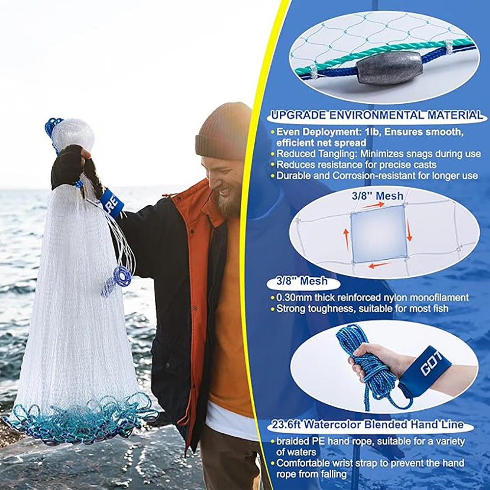 Red de pesca Goture, red de fundición de agua salada, malla 3/8 con pesas negras resistentes, redes de lanzamiento de monofilamento para cebo de pesca - imagen 3