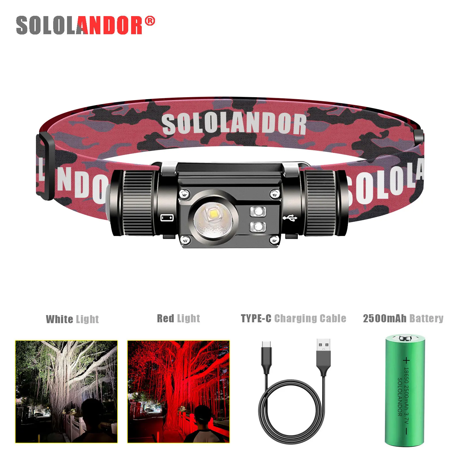 Linterna frontal LED recargable blanca/roja 18650 para pesca y camping - imagen 4