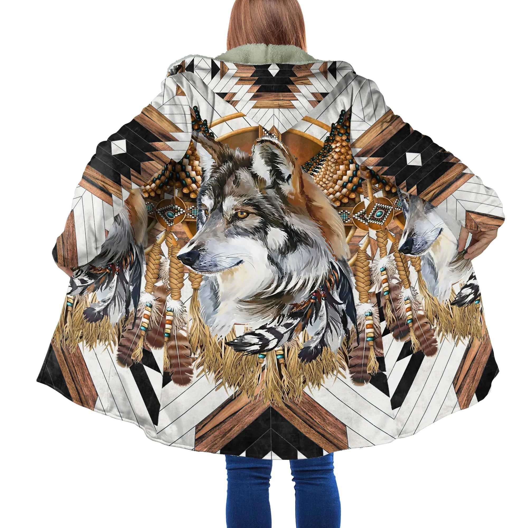 Capa de invierno a la moda para hombre, capa con capucha de lana gruesa con estampado 3D de lobo nativo indígena aborigen, capa cálida informal Unisex DP28 - imagen 4