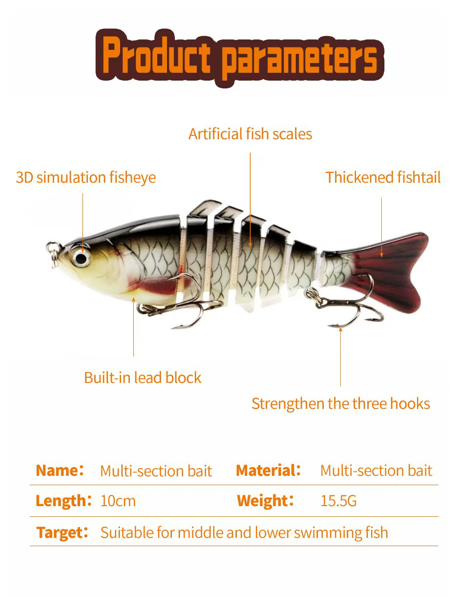 Experimente la pesca realista con nuestro cebo multisección diseñado para una orientación versátil y efectiva