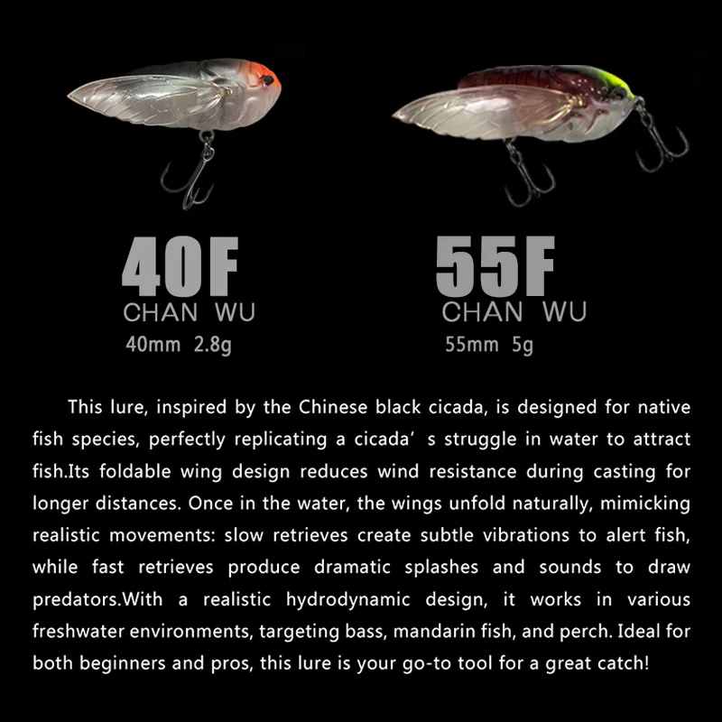 Señuelo de superficie CHANWU – Cigarra negra 55mm para agua dulce - imagen 4