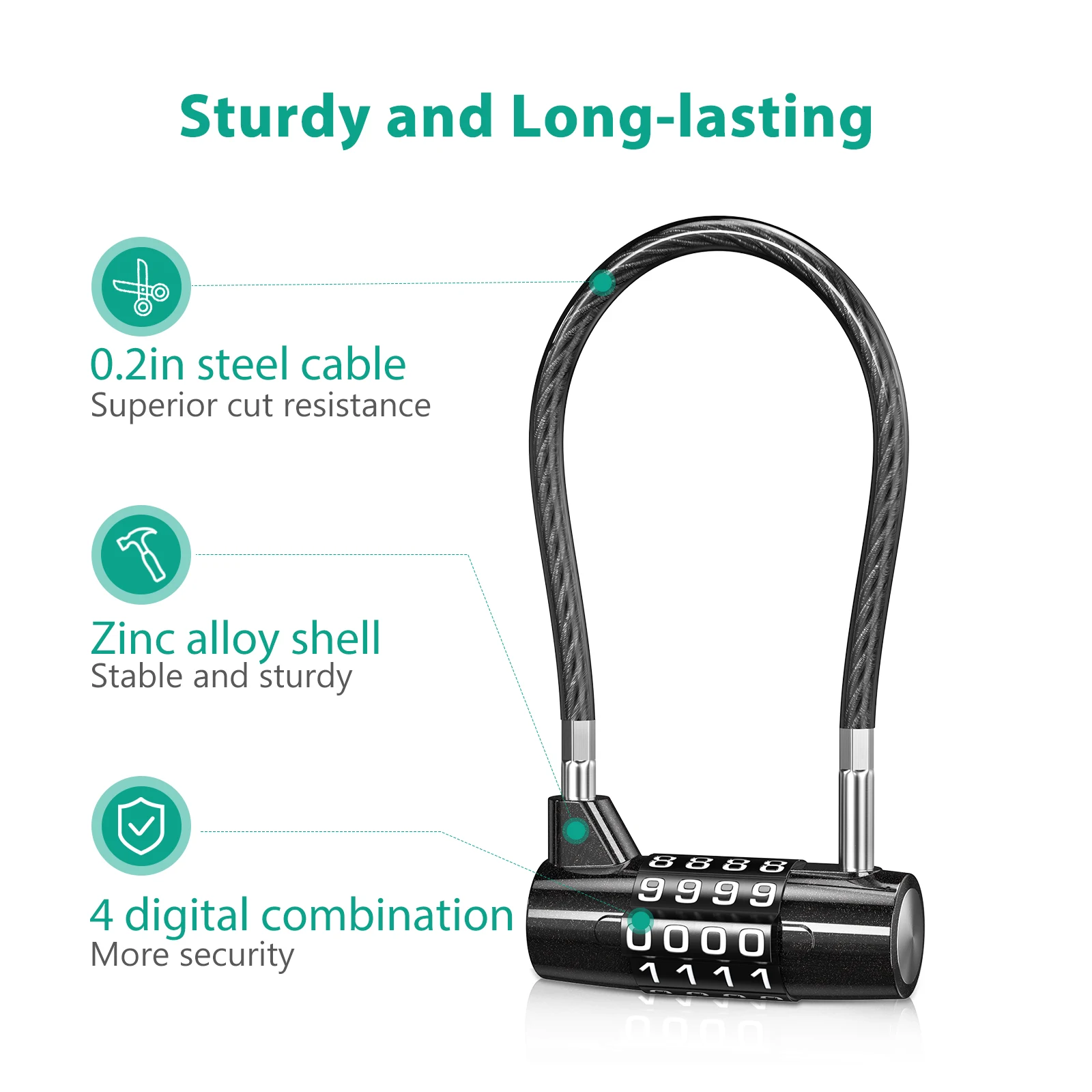 Candado cable acero con combinación – Impermeable y reiniciable - imagen 2