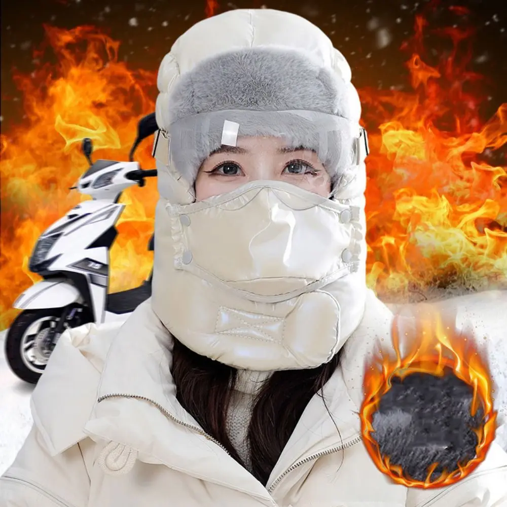 3 unids/set ruso Ushanka sombreros de felpa de invierno con gafas capucha ciclismo gorra a prueba de viento gorros de nieve engrosamiento invierno cálido orejeras