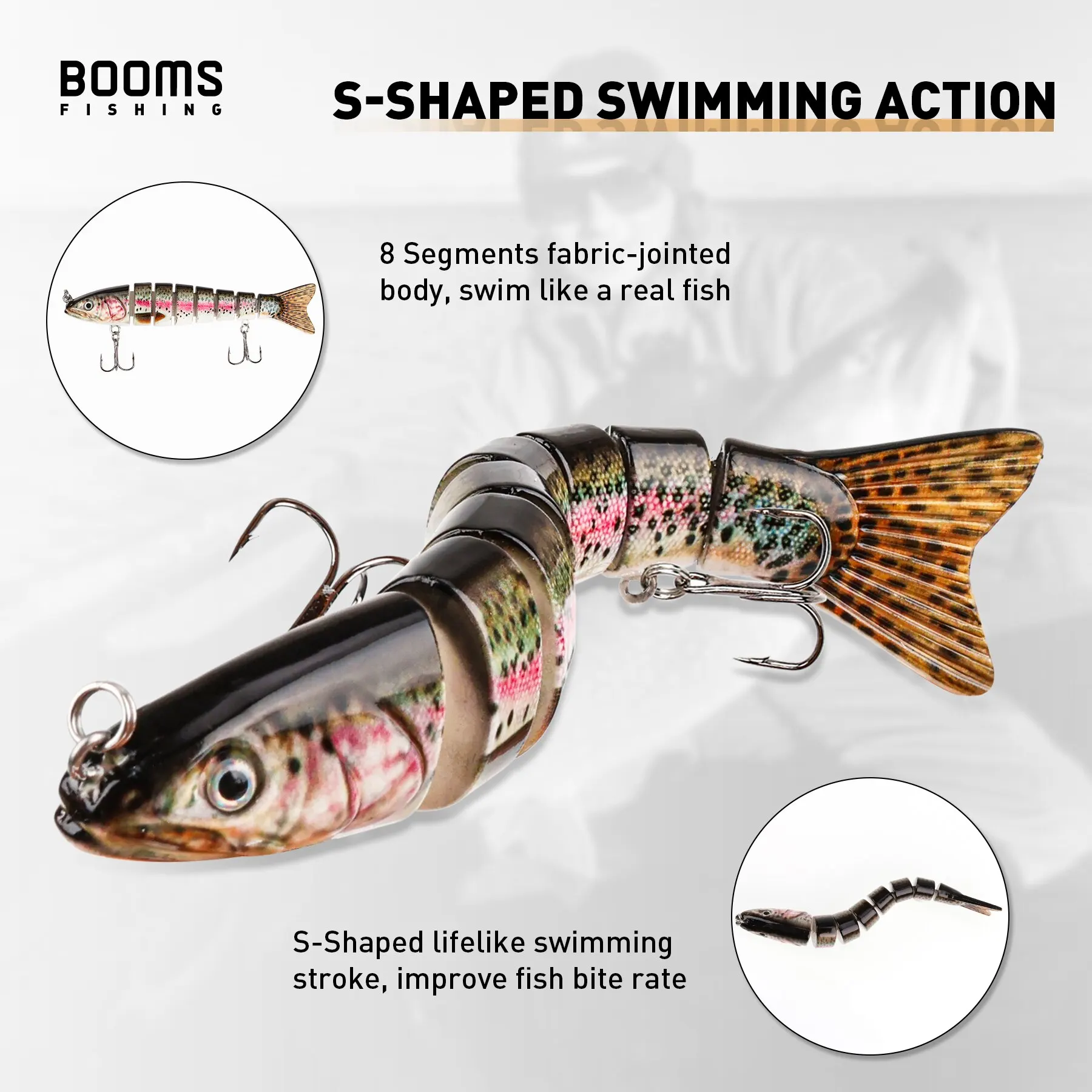 Booms Fishing MJ2 Señuelos duros 10cm 29g Swimbait 7 segmentos anzuelo de cebo Artificial Wobblers multiarticulados para Lucio Trolling Crankbait - imagen 4