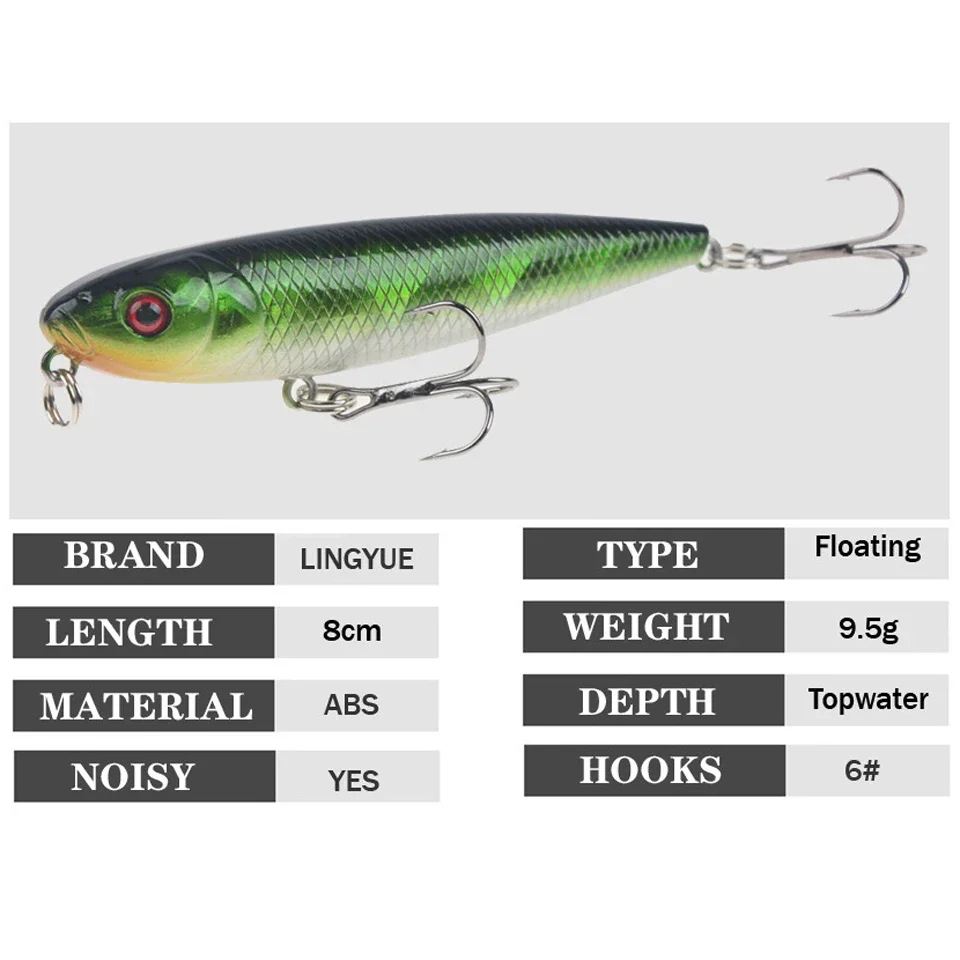 Señuelo de Pesca de lápiz, 1 piezas, 8cm, 9,5g, 8 #, señuelos duros para perros de agua superior, cebos Wobbler, cebo duro Artificial, aparejos de Pesca - imagen 5